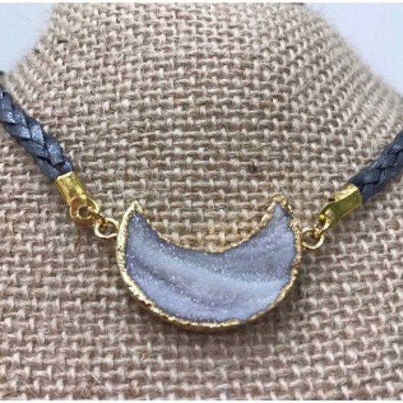 NEW Moon Druzy stone choker‎ necklace with braided silky cord. - Picture 1 of 5